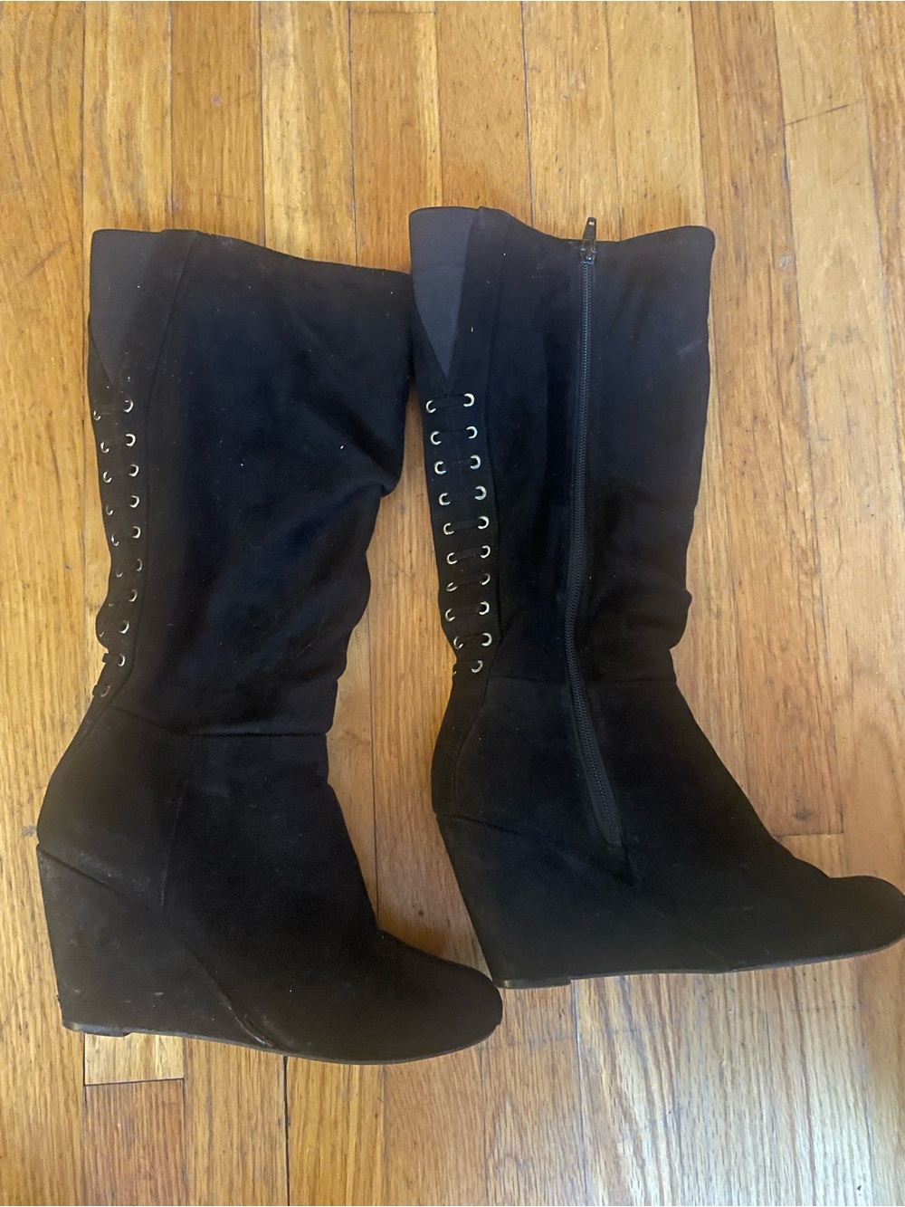 Black Wedge Knee-High Boots with Side Zip